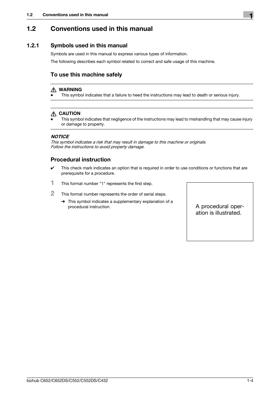 2 conventions used in this manual, 1 symbols used in this manual, To use this machine safely | Procedural instruction, Conventions used in this manual -4 | Konica Minolta BIZHUB C652DS User Manual | Page 12 / 312