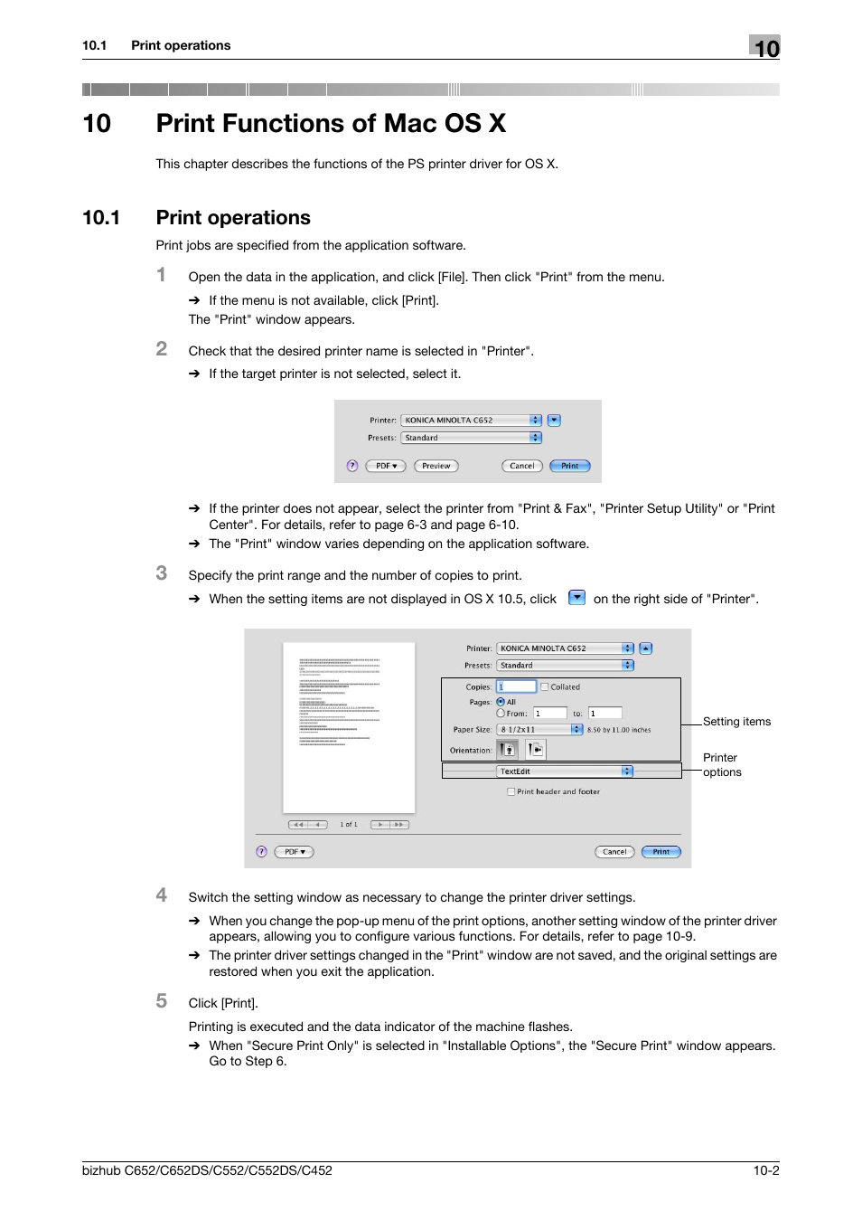 10 print functions of mac os x, 1 print operations, Print functions of mac os x | Print operations -2 | Konica Minolta BIZHUB C652DS User Manual | Page 120 / 312