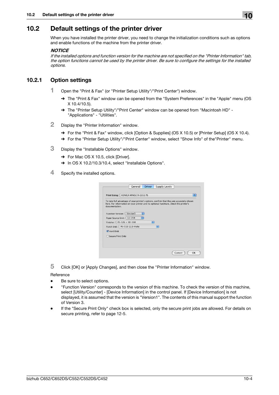 2 default settings of the printer driver, 1 option settings, Default settings of the printer driver -4 | Option settings -4 | Konica Minolta BIZHUB C652DS User Manual | Page 122 / 312