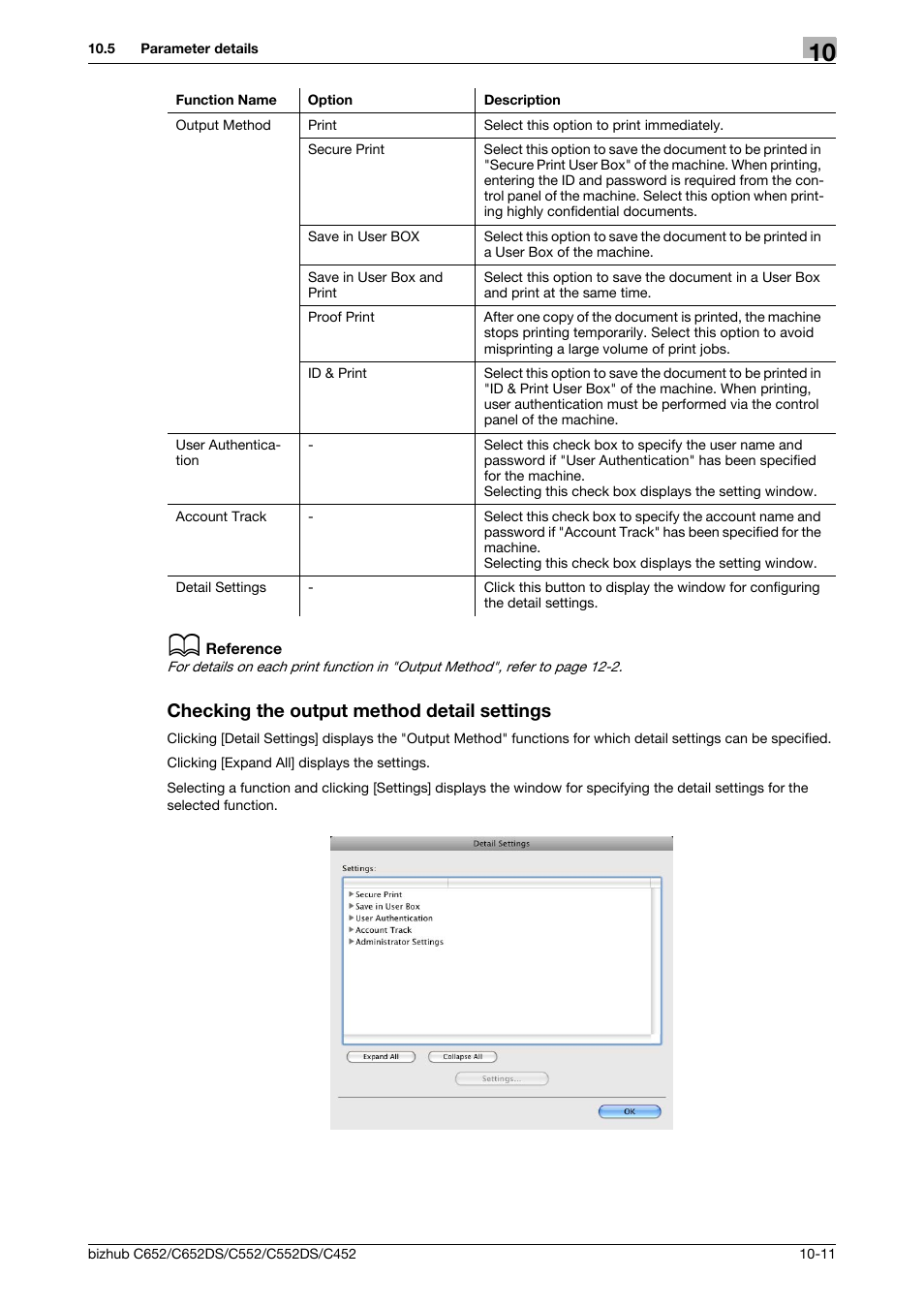 Checking the output method detail settings, Checking the output method detail settings -11 | Konica Minolta BIZHUB C652DS User Manual | Page 129 / 312