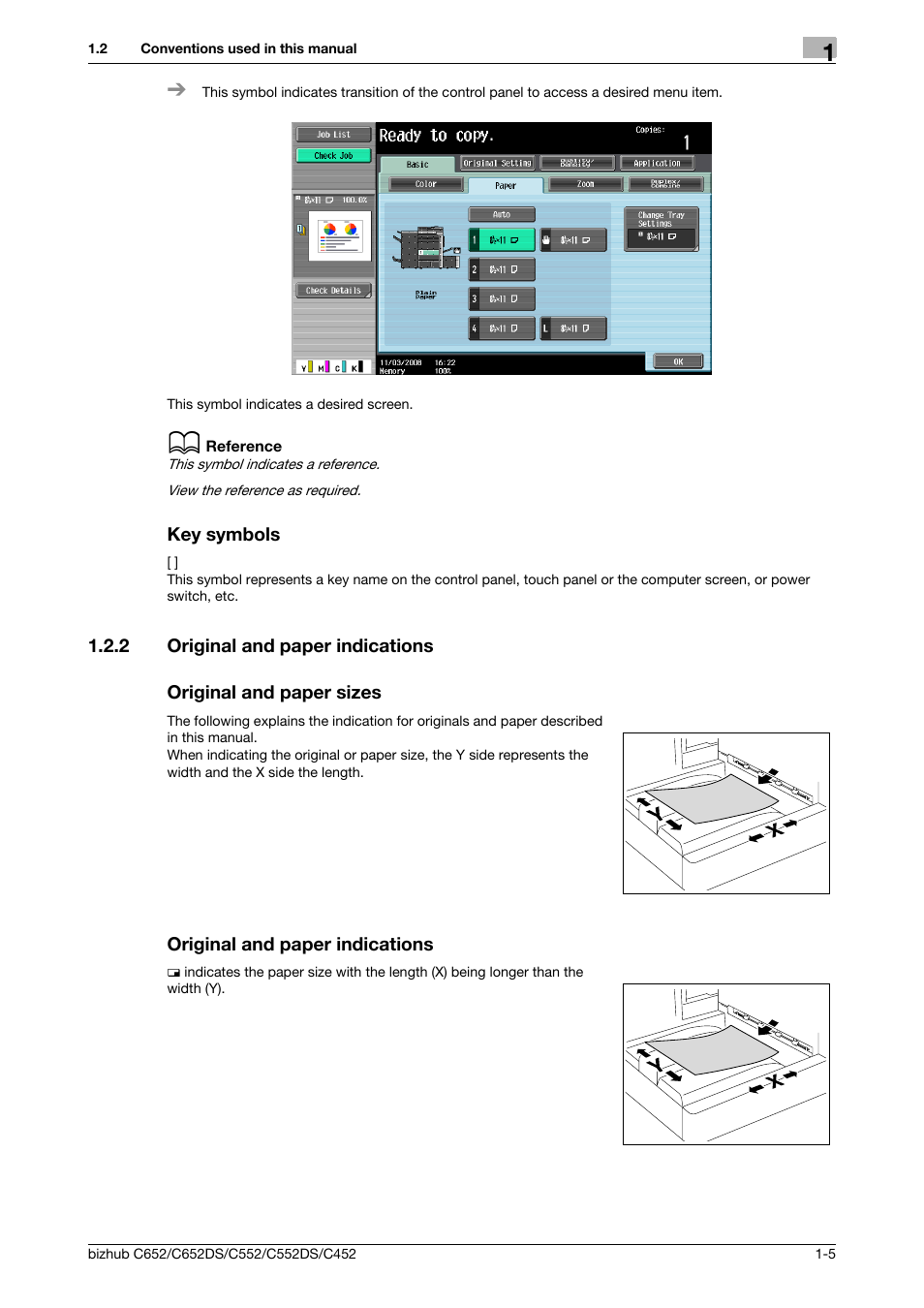 Key symbols, 2 original and paper indications, Original and paper sizes | Original and paper indications, Key symbols -5 | Konica Minolta BIZHUB C652DS User Manual | Page 13 / 312