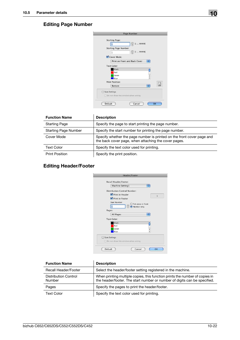 Editing header/footer, Editing page number editing header/footer | Konica Minolta BIZHUB C652DS User Manual | Page 140 / 312