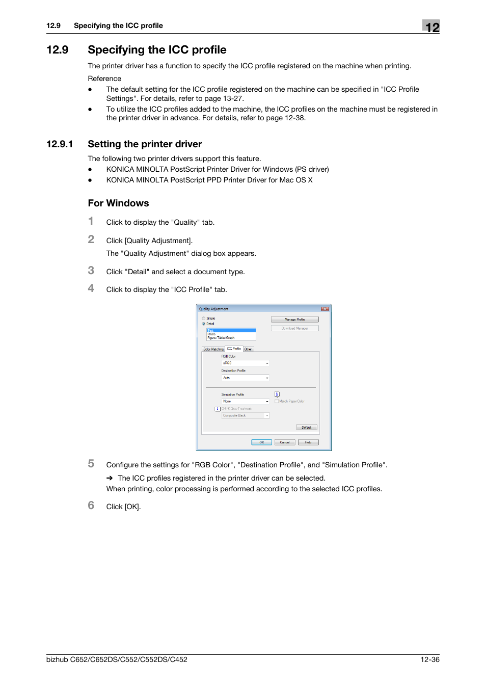 9 specifying the icc profile, 1 setting the printer driver, For windows | Specifying the icc profile -36, Setting the printer driver -36 for windows -36 | Konica Minolta BIZHUB C652DS User Manual | Page 185 / 312