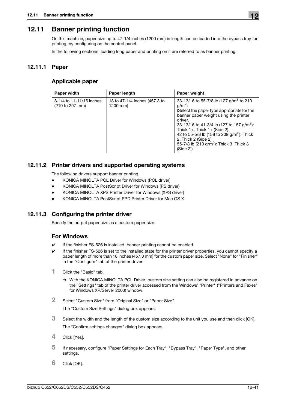 11 banner printing function, 1 paper, Applicable paper | 2 printer drivers and supported operating systems, 3 configuring the printer driver, For windows, Banner printing function -41, Paper -41 applicable paper -41, Configuring the printer driver -41 for windows -41 | Konica Minolta BIZHUB C652DS User Manual | Page 190 / 312