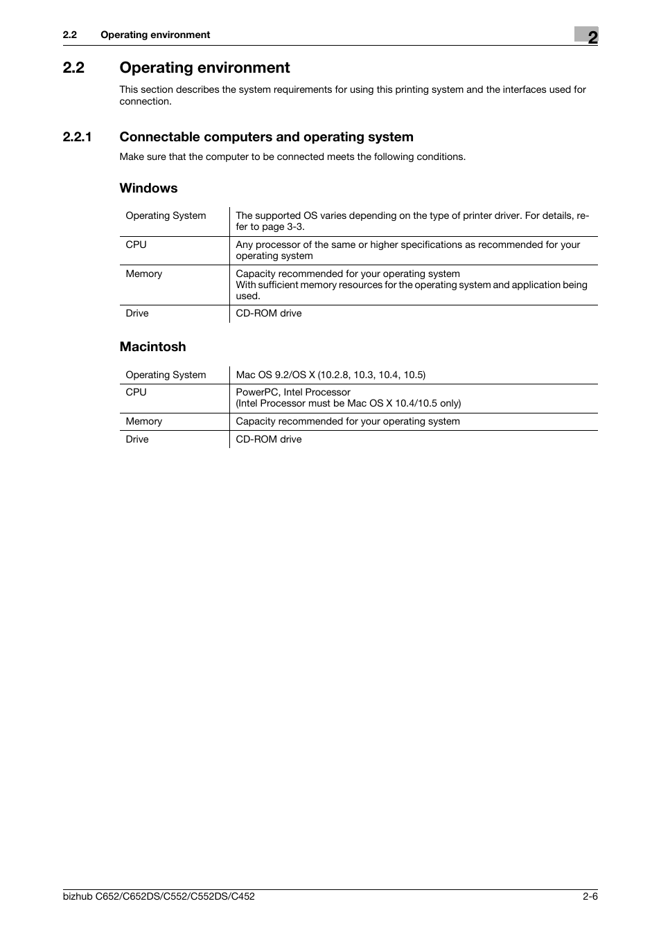 2 operating environment, 1 connectable computers and operating system, Windows | Macintosh, Operating environment -6 | Konica Minolta BIZHUB C652DS User Manual | Page 20 / 312