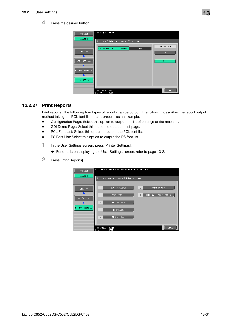 27 print reports, Print reports -31 | Konica Minolta BIZHUB C652DS User Manual | Page 225 / 312