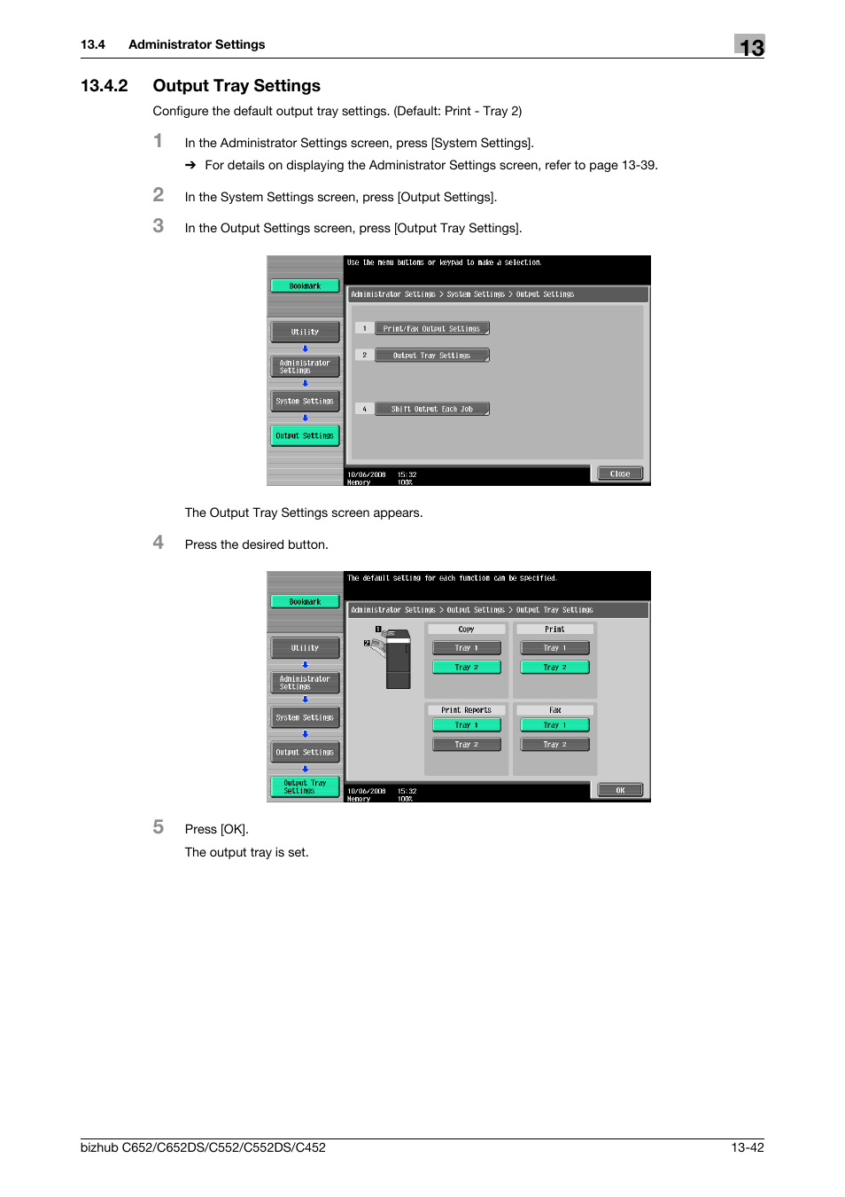 2 output tray settings, Output tray settings -42 | Konica Minolta BIZHUB C652DS User Manual | Page 236 / 312