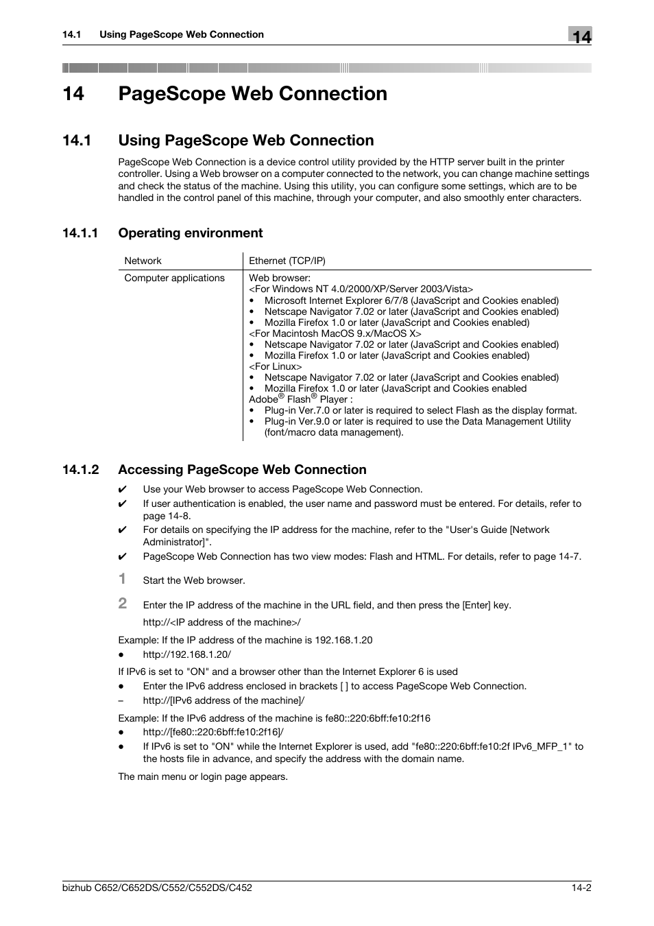 1 operating environment, Operating environment -2, 14 pagescope web connection | 1 using pagescope web connection | Konica Minolta BIZHUB C652DS User Manual | Page 257 / 312