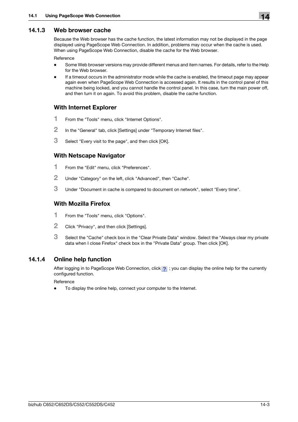 3 web browser cache, With internet explorer, With netscape navigator | With mozilla firefox, 4 online help function, Online help function -3 | Konica Minolta BIZHUB C652DS User Manual | Page 258 / 312