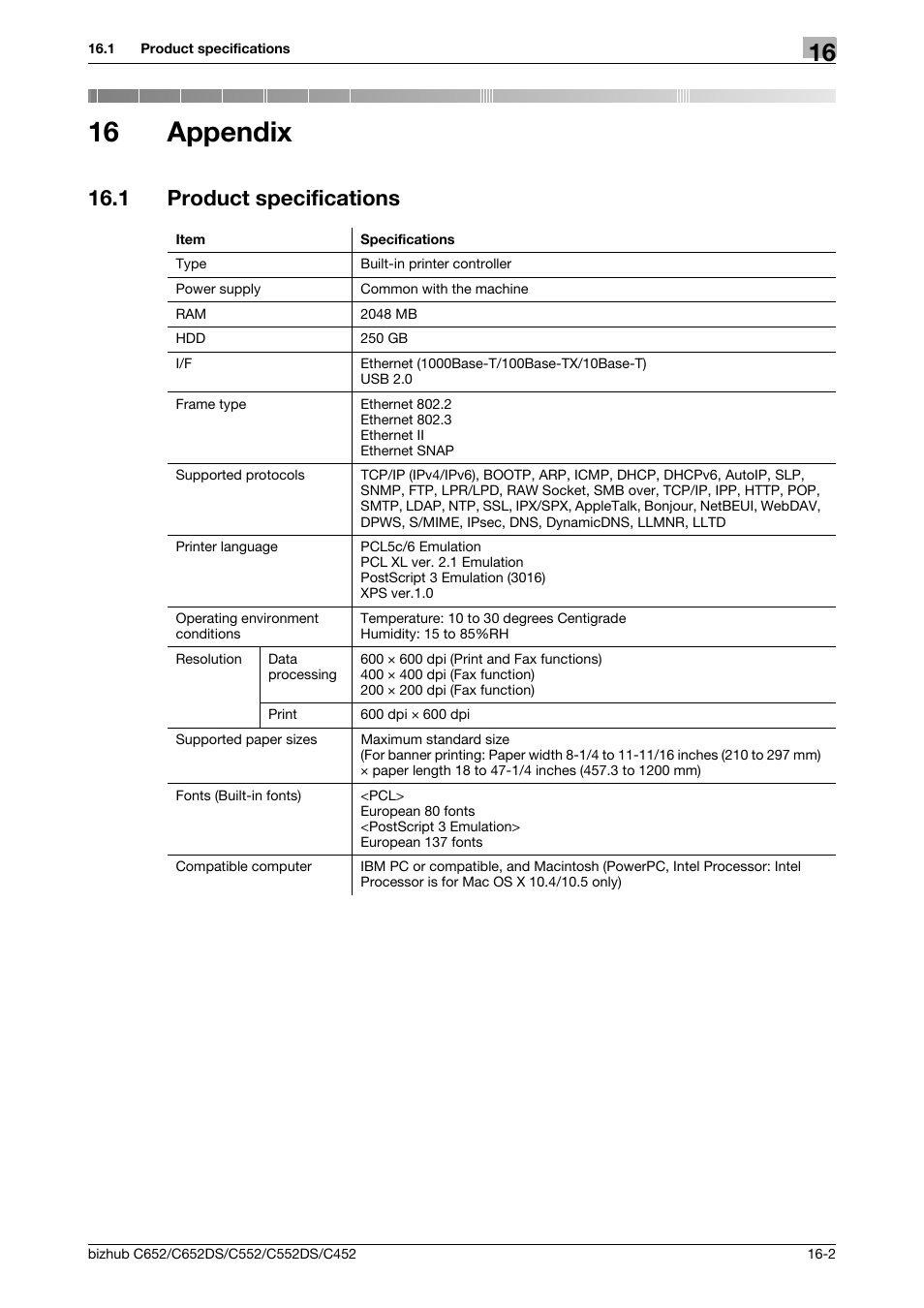 16 appendix, 1 product specifications, Appendix | Product specifications -2 | Konica Minolta BIZHUB C652DS User Manual | Page 291 / 312