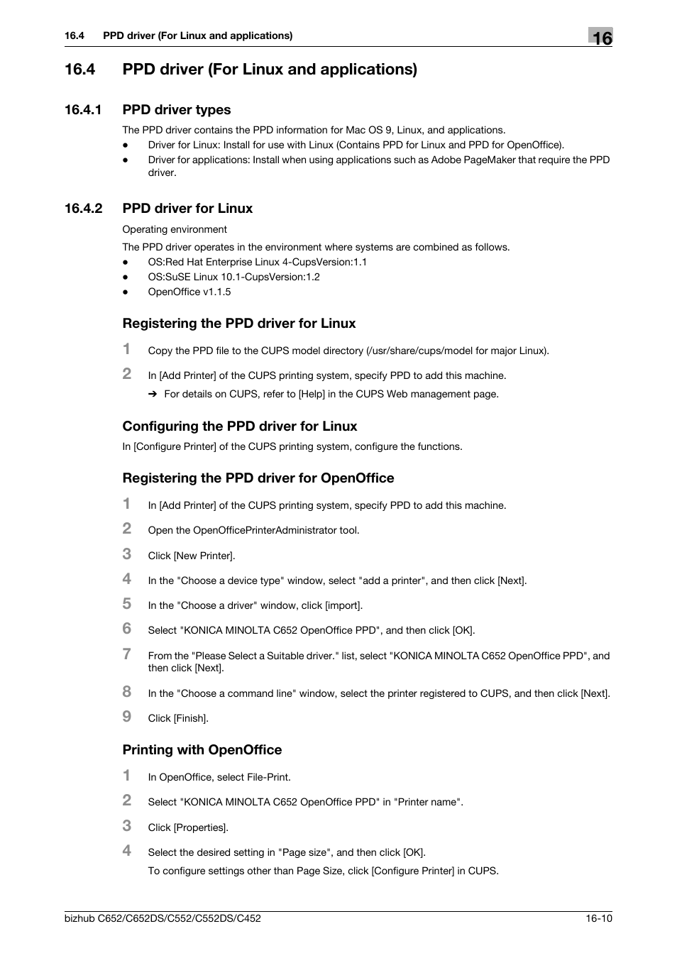 4 ppd driver (for linux and applications), 1 ppd driver types, 2 ppd driver for linux | Registering the ppd driver for linux, Configuring the ppd driver for linux, Registering the ppd driver for openoffice, Printing with openoffice, Ppd driver (for linux and applications) -10, Ppd driver types -10 | Konica Minolta BIZHUB C652DS User Manual | Page 299 / 312