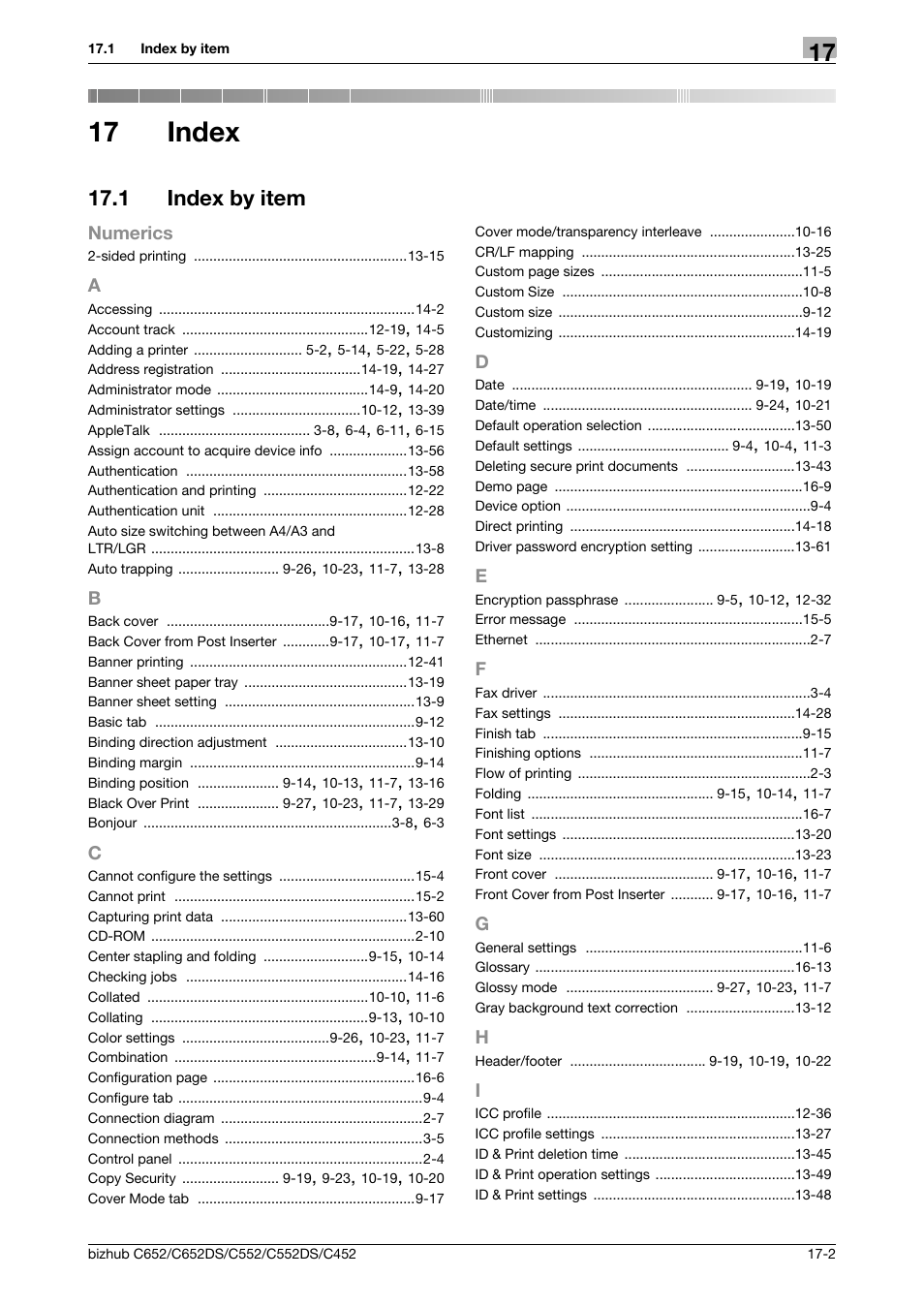 17 index, 1 index by item, A to i | Index, Index by item -2 | Konica Minolta BIZHUB C652DS User Manual | Page 307 / 312