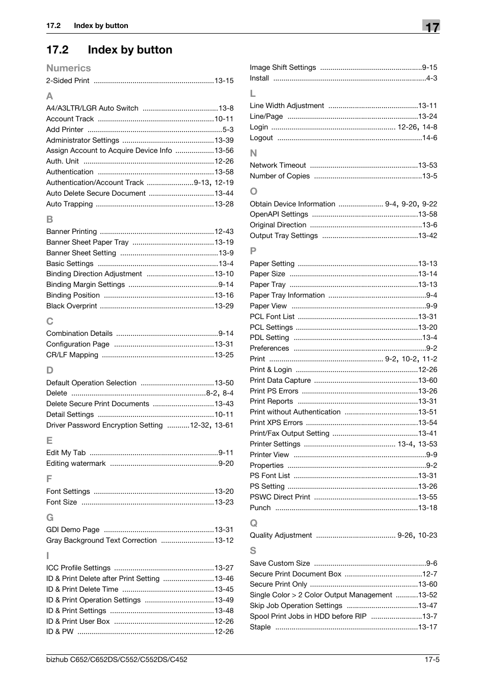 2 index by button, A to s, Index by button -5 | Konica Minolta BIZHUB C652DS User Manual | Page 310 / 312