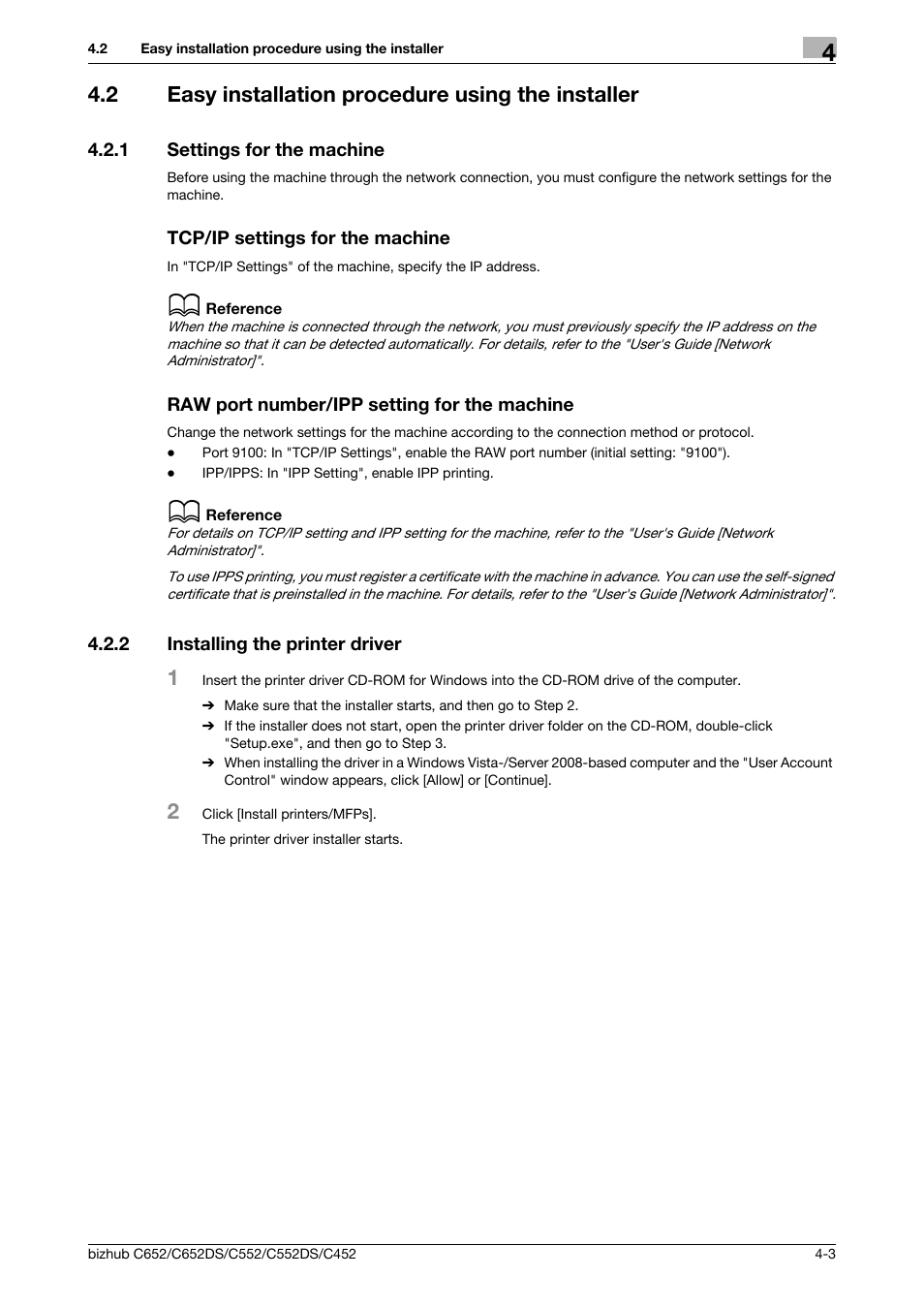 2 easy installation procedure using the installer, 1 settings for the machine, Tcp/ip settings for the machine | Raw port number/ipp setting for the machine, 2 installing the printer driver, Easy installation procedure using the installer -3, Installing the printer driver -3 | Konica Minolta BIZHUB C652DS User Manual | Page 35 / 312