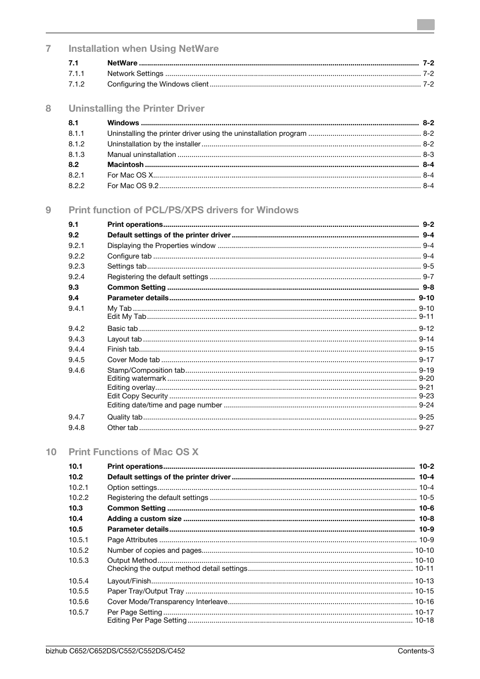 7installation when using netware, 8uninstalling the printer driver, 9print function of pcl/ps/xps drivers for windows | 10 print functions of mac os x | Konica Minolta BIZHUB C652DS User Manual | Page 4 / 312