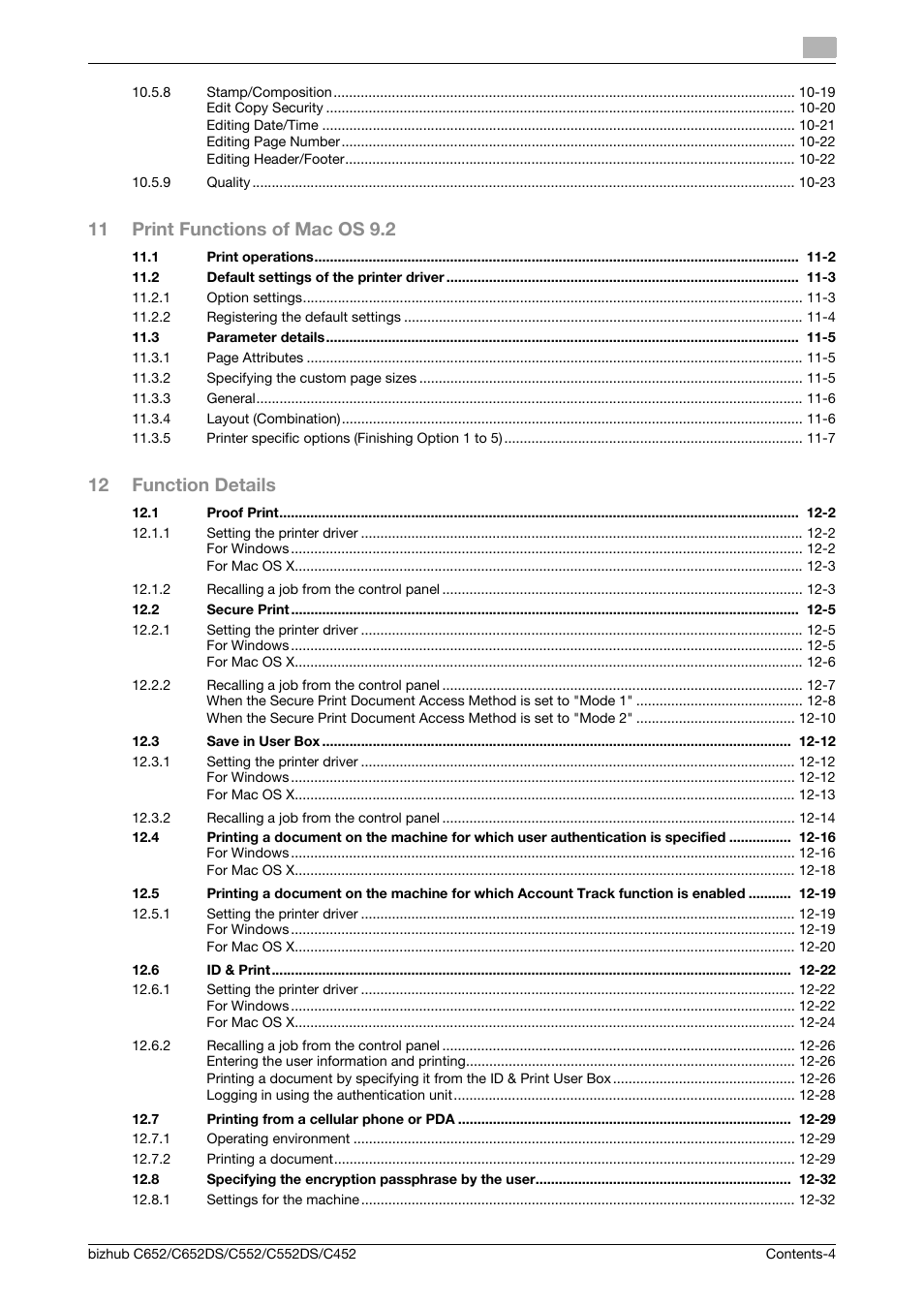 11 print functions of mac os 9.2, 12 function details | Konica Minolta BIZHUB C652DS User Manual | Page 5 / 312