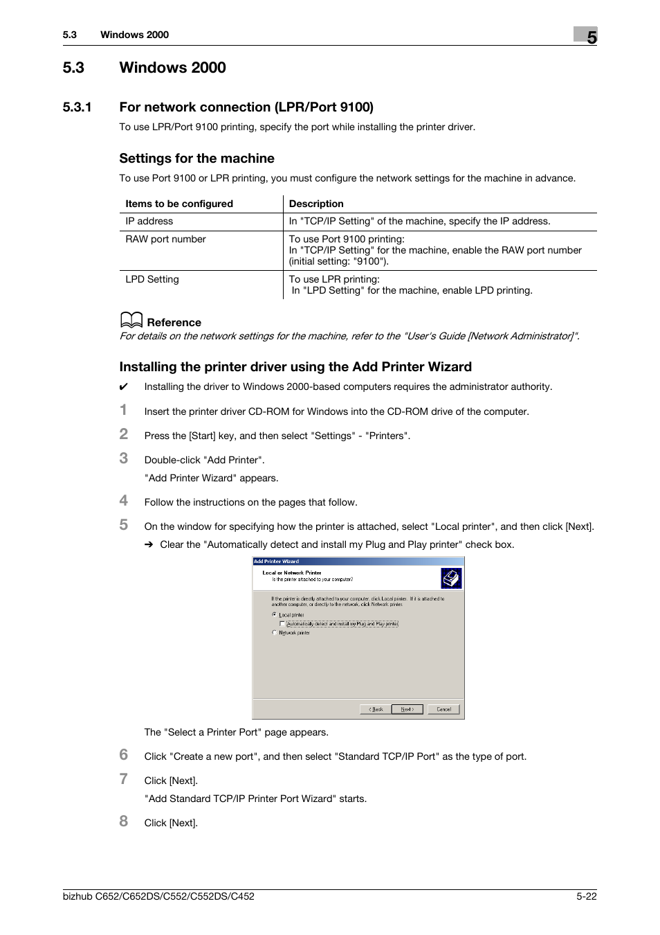 3 windows 2000, 1 for network connection (lpr/port 9100), Settings for the machine | Windows 2000 -22, P. 5-22 | Konica Minolta BIZHUB C652DS User Manual | Page 60 / 312