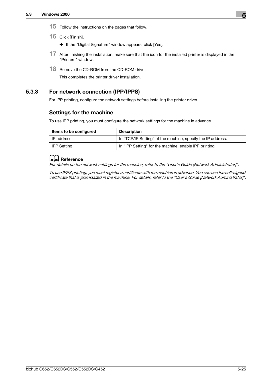 3 for network connection (ipp/ipps), Settings for the machine | Konica Minolta BIZHUB C652DS User Manual | Page 63 / 312