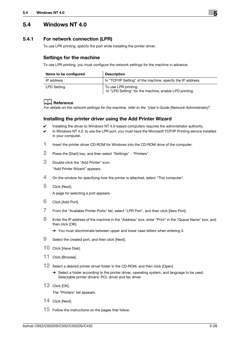 4 windows nt 4.0, 1 for network connection (lpr), Settings for the machine | Windows nt 4.0 -28 | Konica Minolta BIZHUB C652DS User Manual | Page 66 / 312