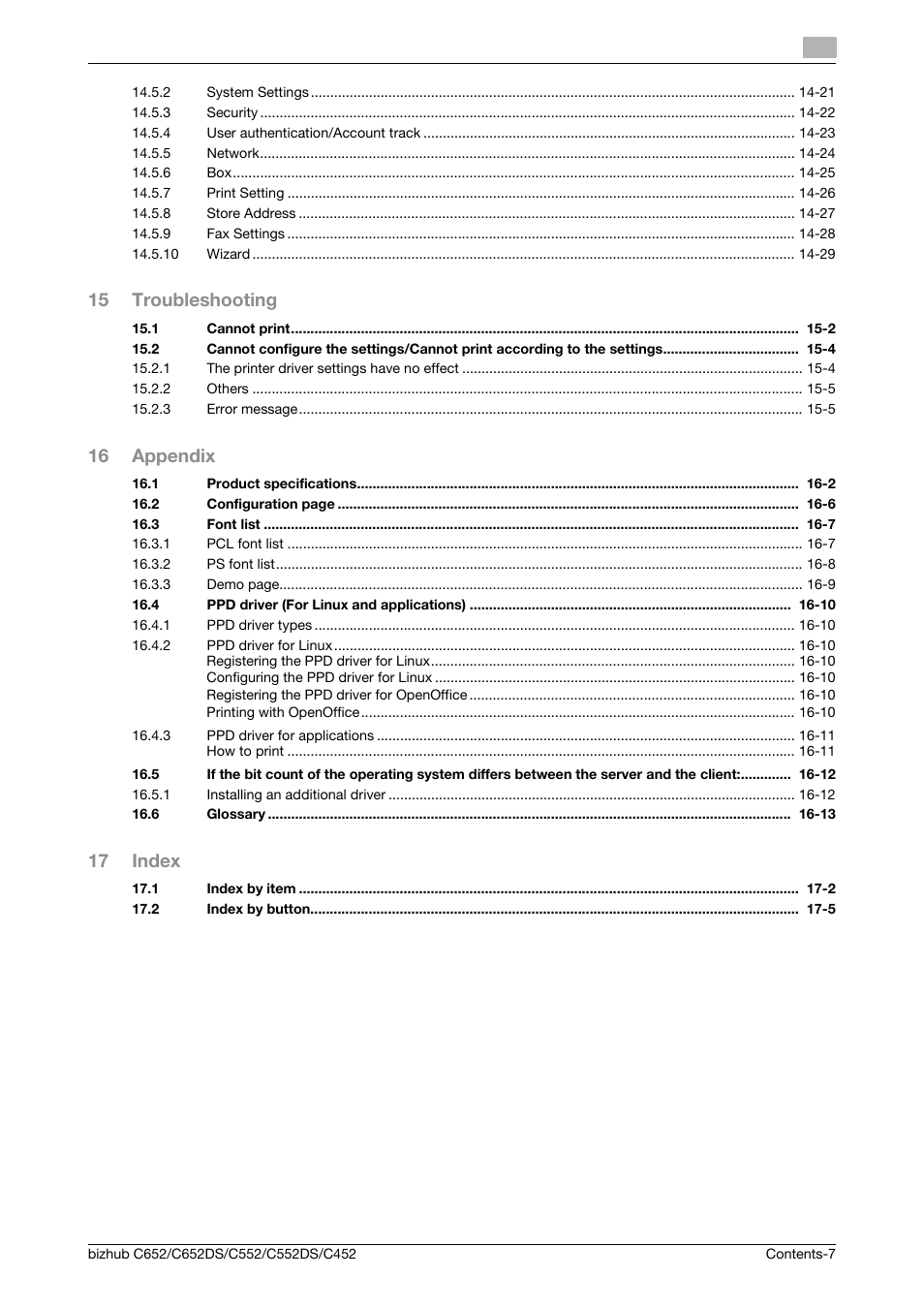 15 troubleshooting, 16 appendix, 17 index | Konica Minolta BIZHUB C652DS User Manual | Page 8 / 312