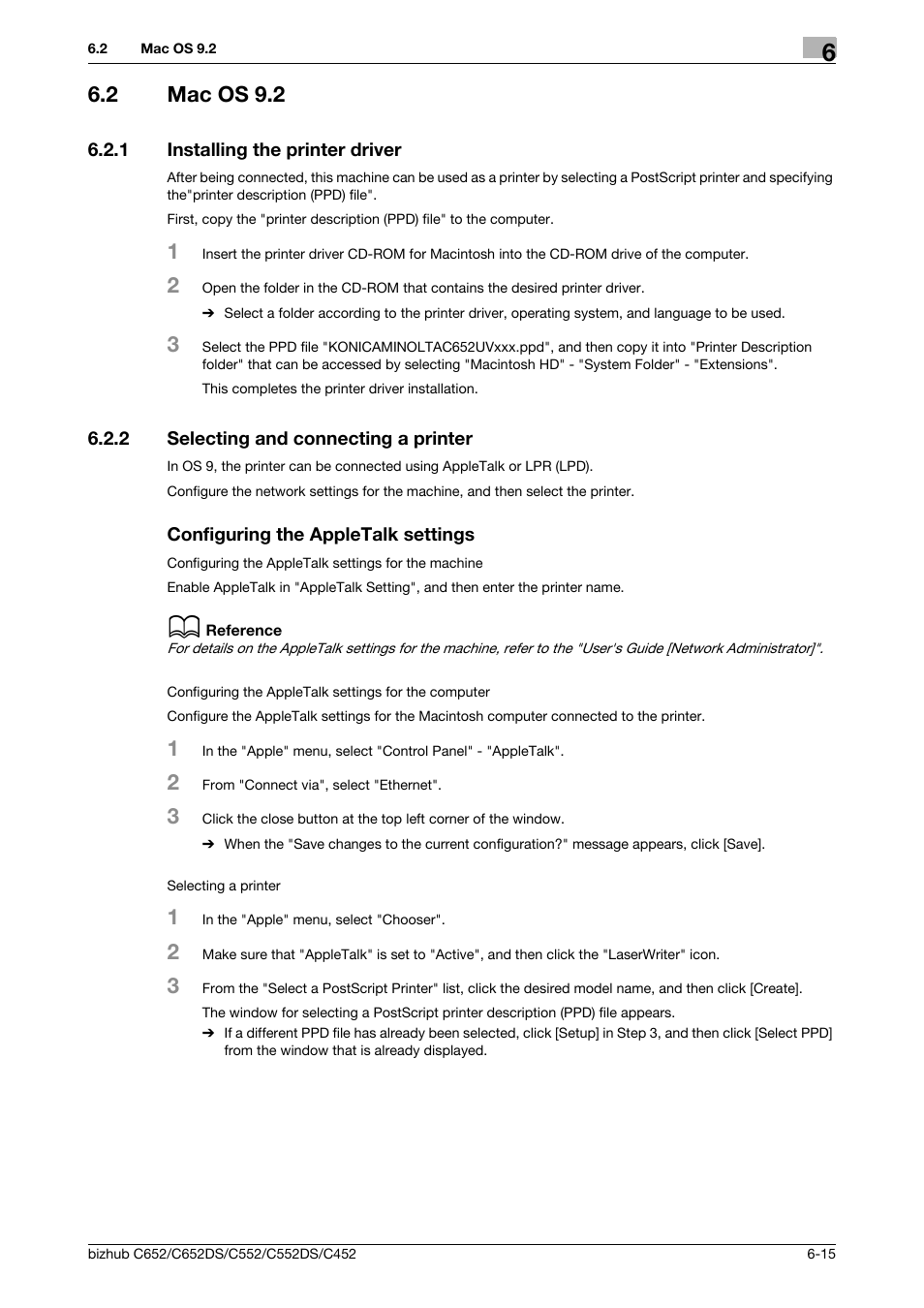 2 mac os 9.2, 1 installing the printer driver, 2 selecting and connecting a printer | Configuring the appletalk settings, Mac os 9.2 -15, Installing the printer driver -15 | Konica Minolta BIZHUB C652DS User Manual | Page 82 / 312