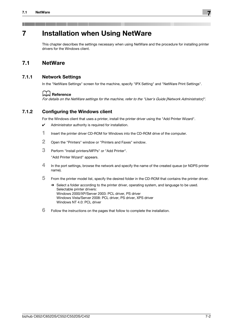 7 installation when using netware, 1 netware, 1 network settings | 2 configuring the windows client, Installation when using netware, Netware -2, Network settings -2, Configuring the windows client -2, 7installation when using netware | Konica Minolta BIZHUB C652DS User Manual | Page 86 / 312