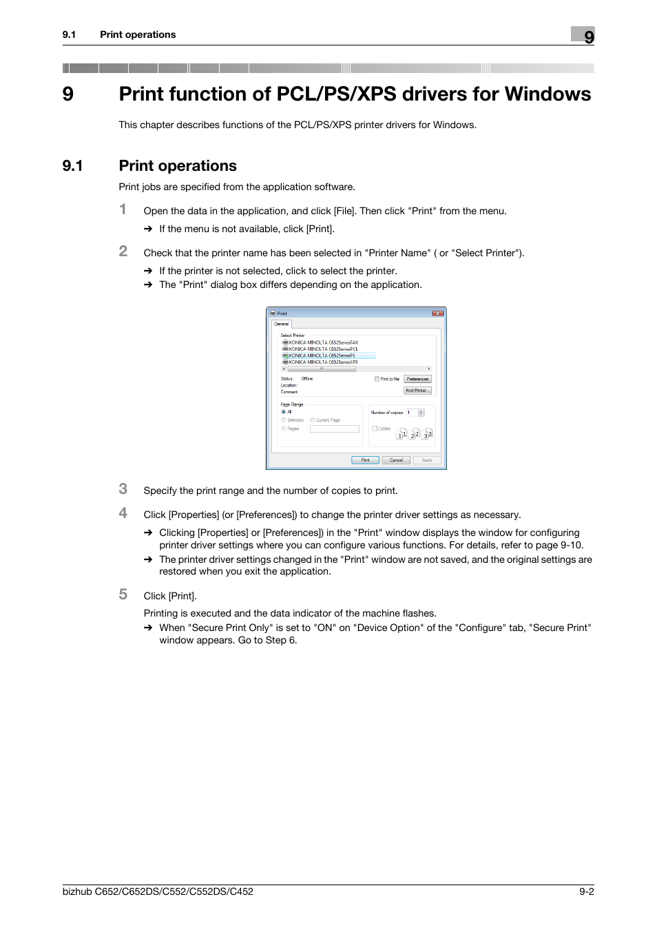 9 print function of pcl/ps/xps drivers for windows, 1 print operations, Print function of pcl/ps/xps drivers for windows | Print operations -2, 9print function of pcl/ps/xps drivers for windows | Konica Minolta BIZHUB C652DS User Manual | Page 92 / 312