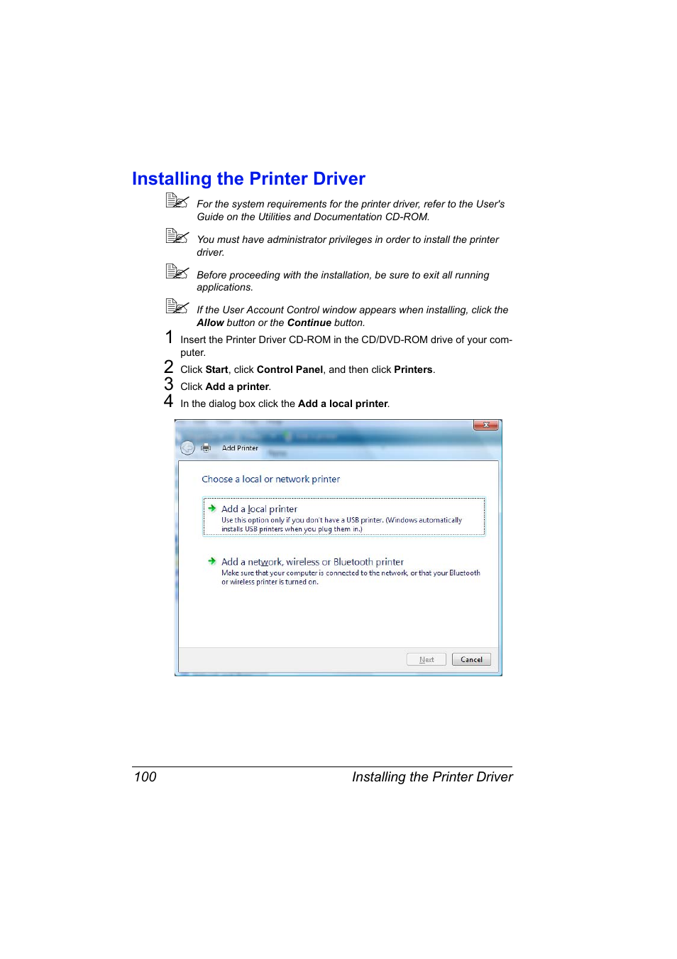 Installing the printer driver, Installing the printer driver 100 | Konica Minolta pagepro 5650 User Manual | Page 118 / 394