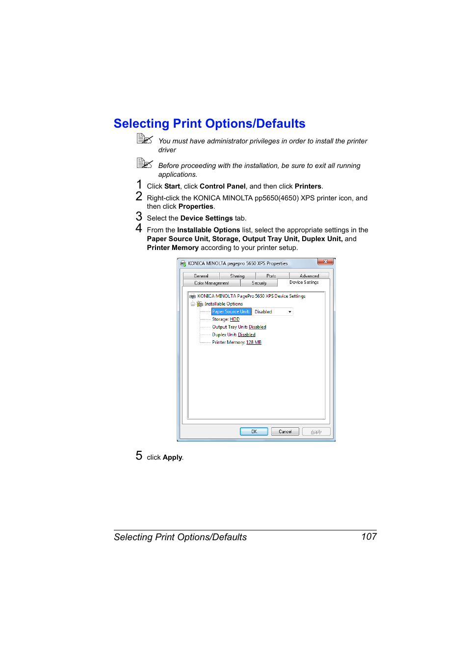 Selecting print options/defaults, Selecting print options/defaults 107 | Konica Minolta pagepro 5650 User Manual | Page 125 / 394