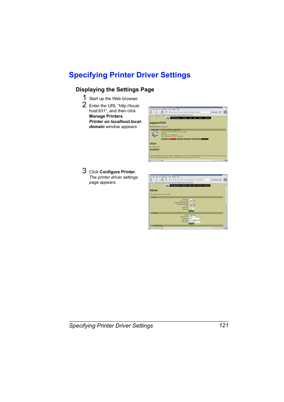 Specifying printer driver settings, Specifying printer driver settings 121 | Konica Minolta pagepro 5650 User Manual | Page 139 / 394