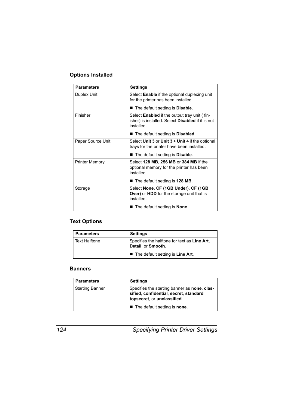 Options installed, Text options, Banners | Options installed 124 text options 124 banners 124, Specifying printer driver settings 124 | Konica Minolta pagepro 5650 User Manual | Page 142 / 394