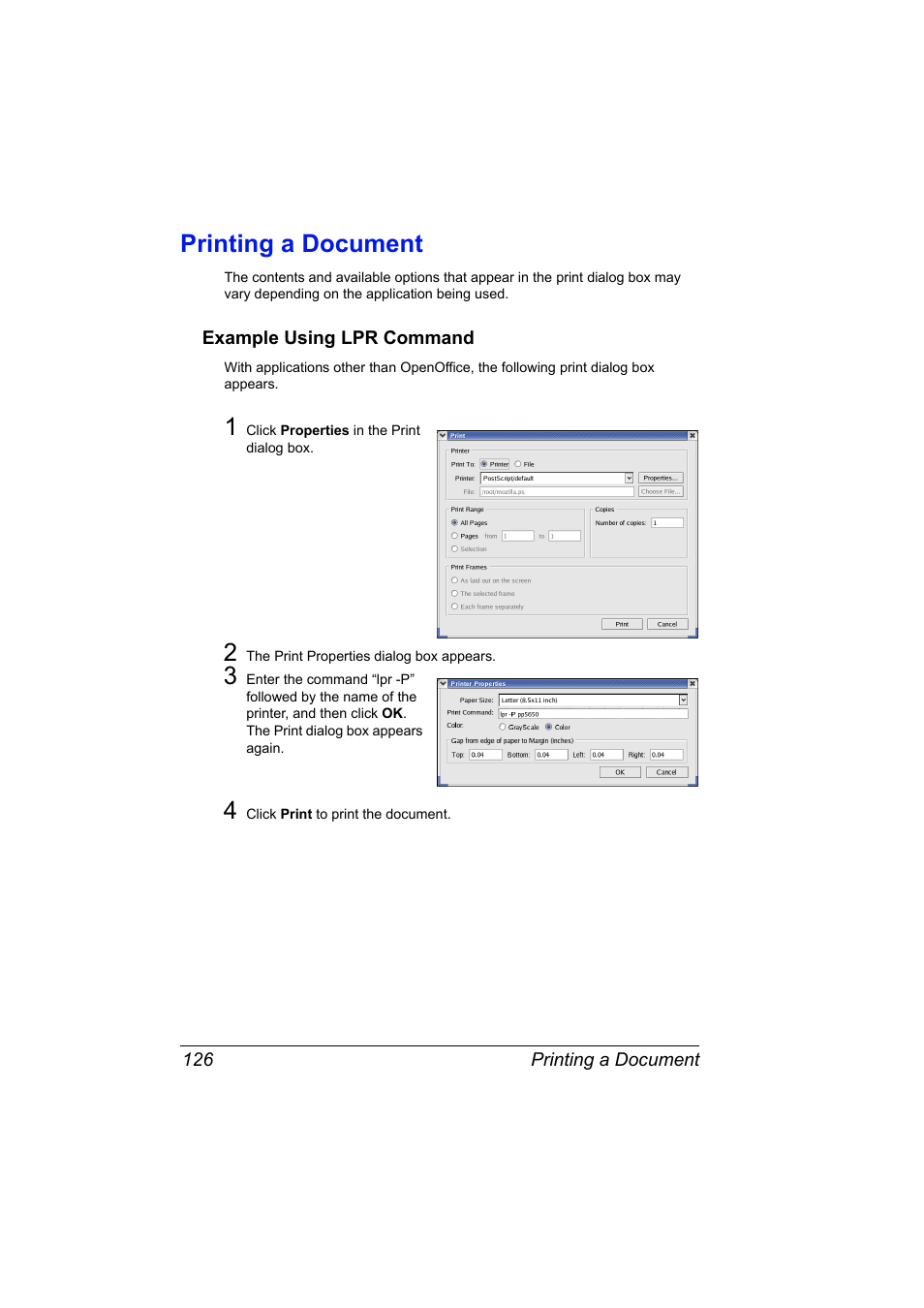 Printing a document, Example using lpr command, Printing a document 126 | Example using lpr command 126 | Konica Minolta pagepro 5650 User Manual | Page 144 / 394