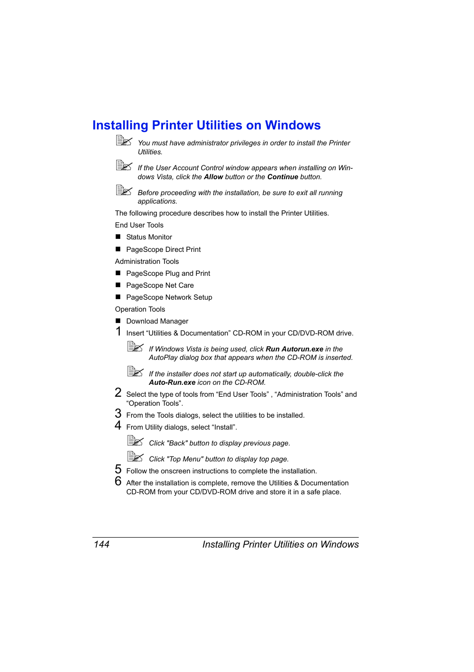 Installing printer utilities on windows, Installing printer utilities on windows 144 | Konica Minolta pagepro 5650 User Manual | Page 162 / 394