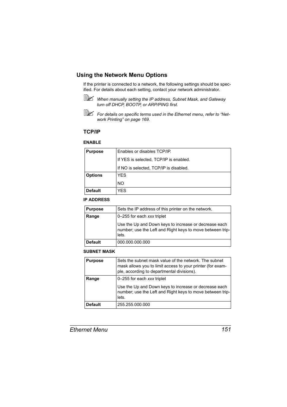 Using the network menu options, Tcp/ip, Using the network menu options 151 | Tcp/ip 151, Ethernet menu 151 using the network menu options | Konica Minolta pagepro 5650 User Manual | Page 169 / 394