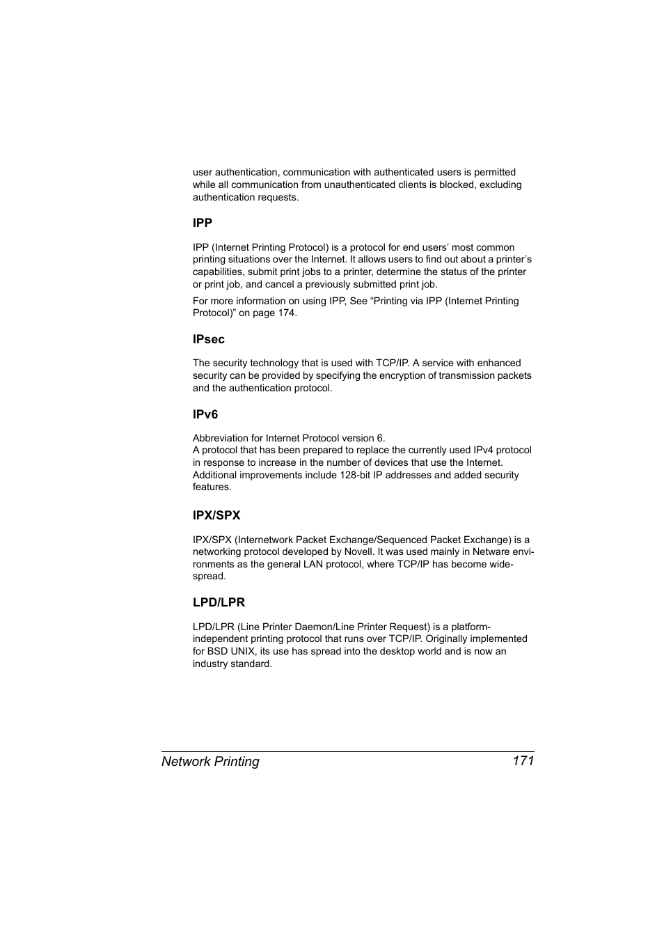 Ipsec, Ipv6, Ipx/spx | Lpd/lpr, Ipp 171 ipsec 171 ipv6 171, Ipx/spx 171 lpd/lpr 171 | Konica Minolta pagepro 5650 User Manual | Page 189 / 394