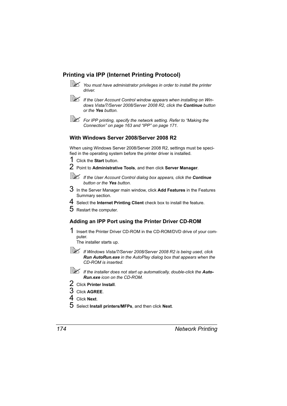 Printing via ipp (internet printing protocol), With windows server 2008/server 2008 r2, Adding an ipp port using the printer driver cd-rom | Printing via ipp (internet printing protocol) 174 | Konica Minolta pagepro 5650 User Manual | Page 192 / 394