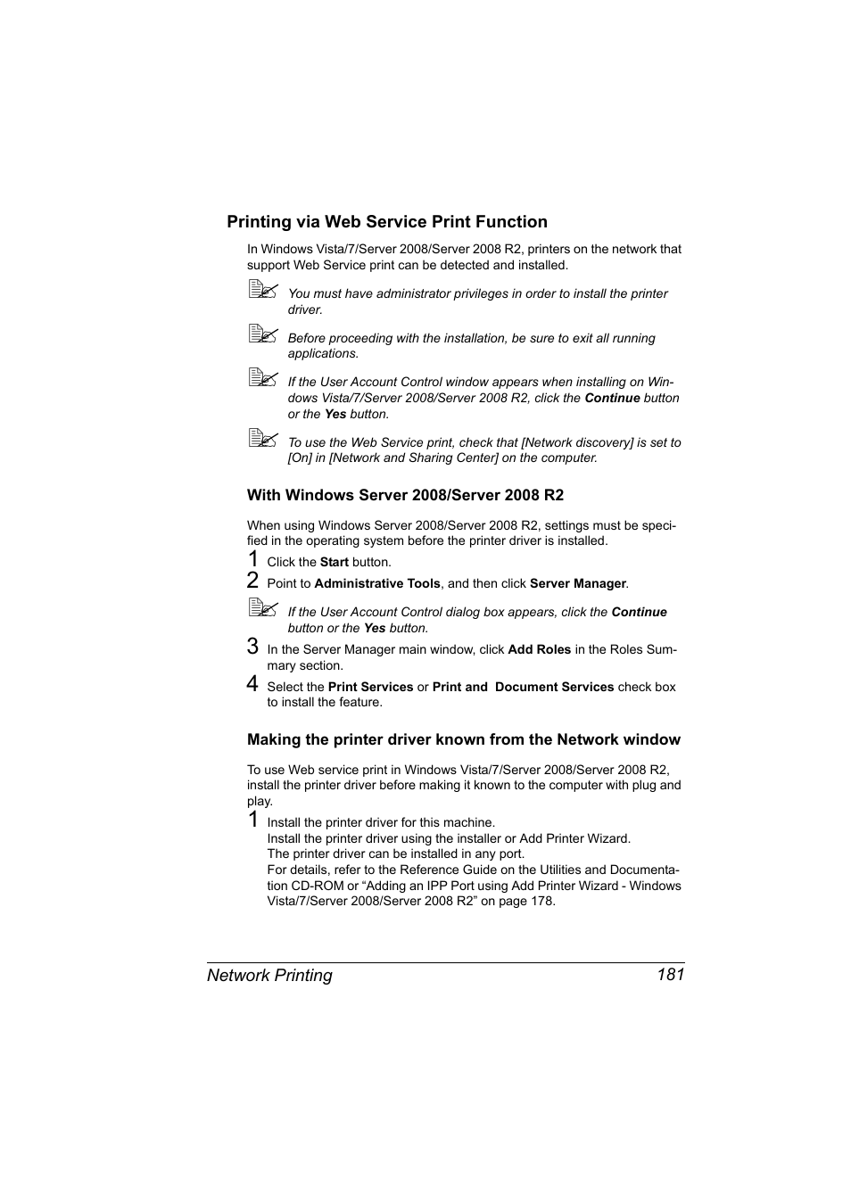 Printing via web service print function, With windows server 2008/server 2008 r2, Printing via web service print function 181 | Konica Minolta pagepro 5650 User Manual | Page 199 / 394