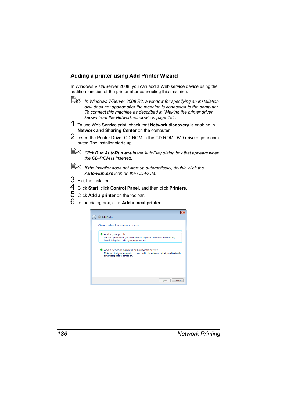 Adding a printer using add printer wizard, Adding a printer using add printer wizard 186 | Konica Minolta pagepro 5650 User Manual | Page 204 / 394