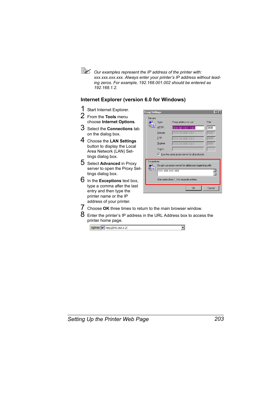 Internet explorer (version 6.0 for windows), Internet explorer (version 6.0 for windows) 203 | Konica Minolta pagepro 5650 User Manual | Page 221 / 394