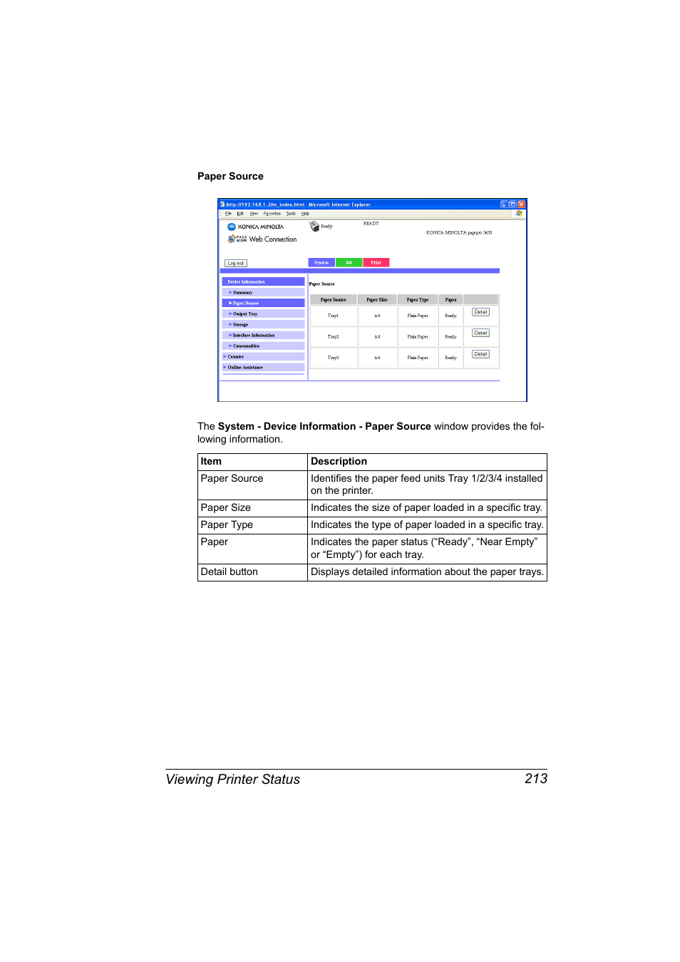 Viewing printer status 213 | Konica Minolta pagepro 5650 User Manual | Page 231 / 394