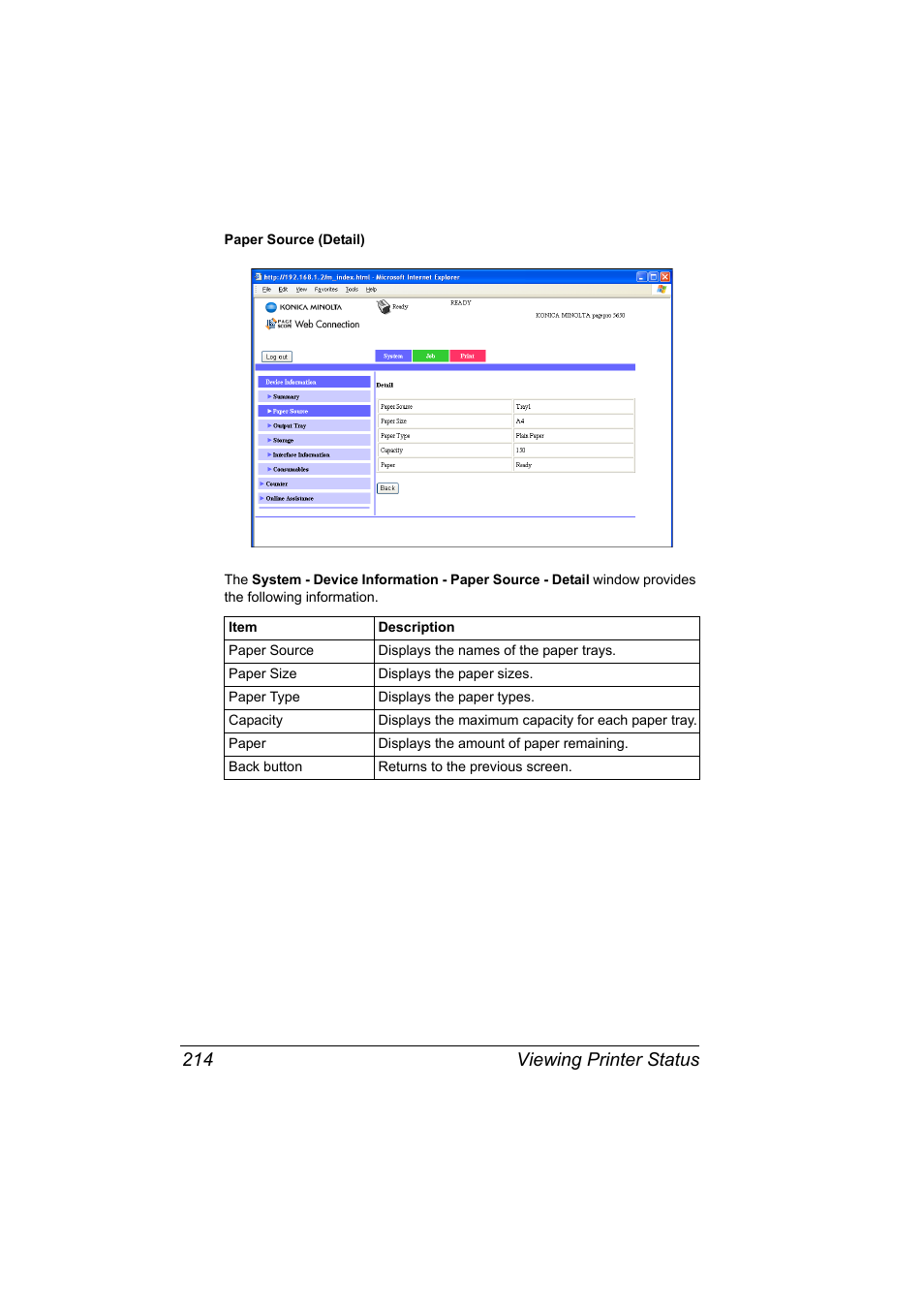 Viewing printer status 214 | Konica Minolta pagepro 5650 User Manual | Page 232 / 394