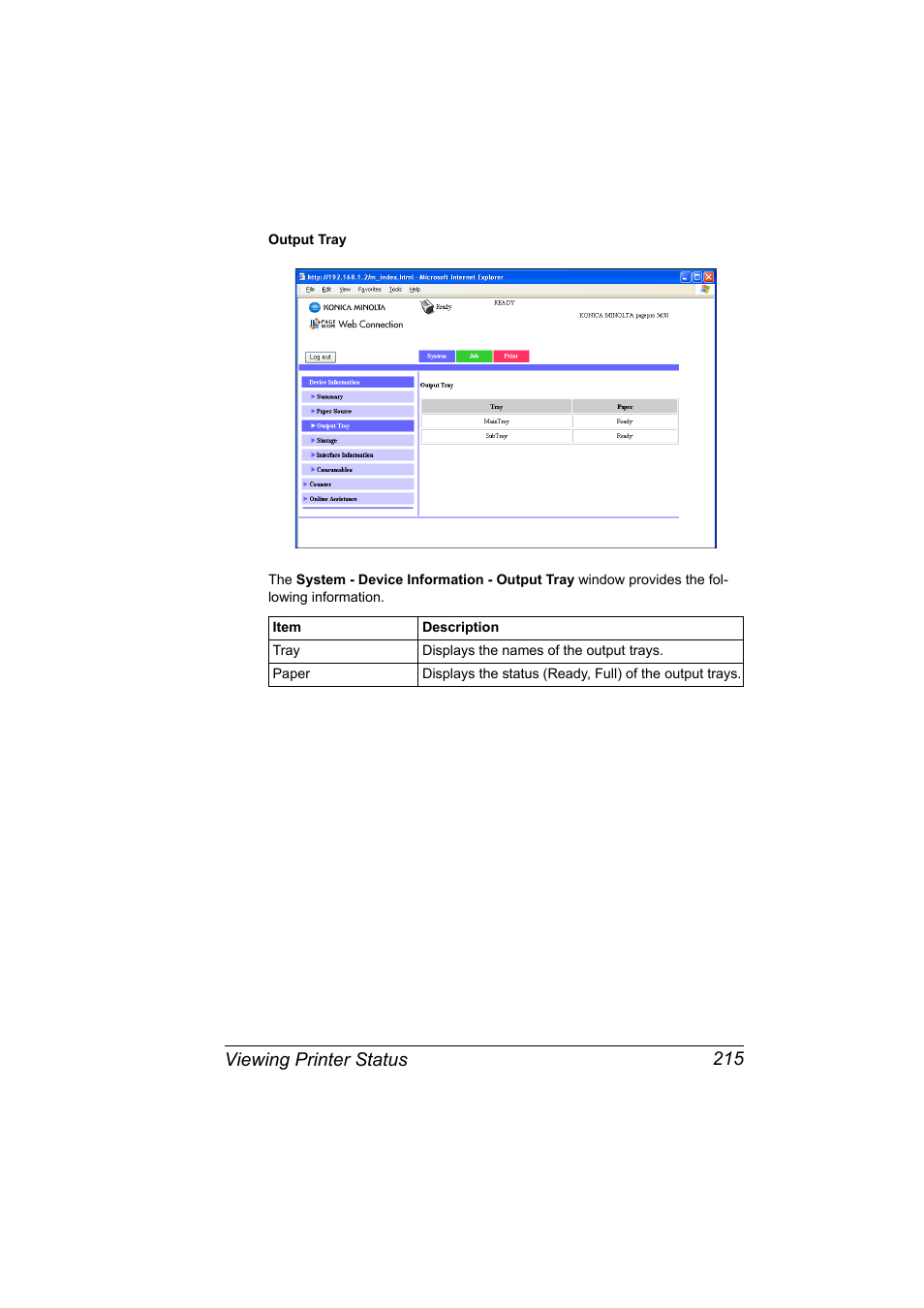 Viewing printer status 215 | Konica Minolta pagepro 5650 User Manual | Page 233 / 394