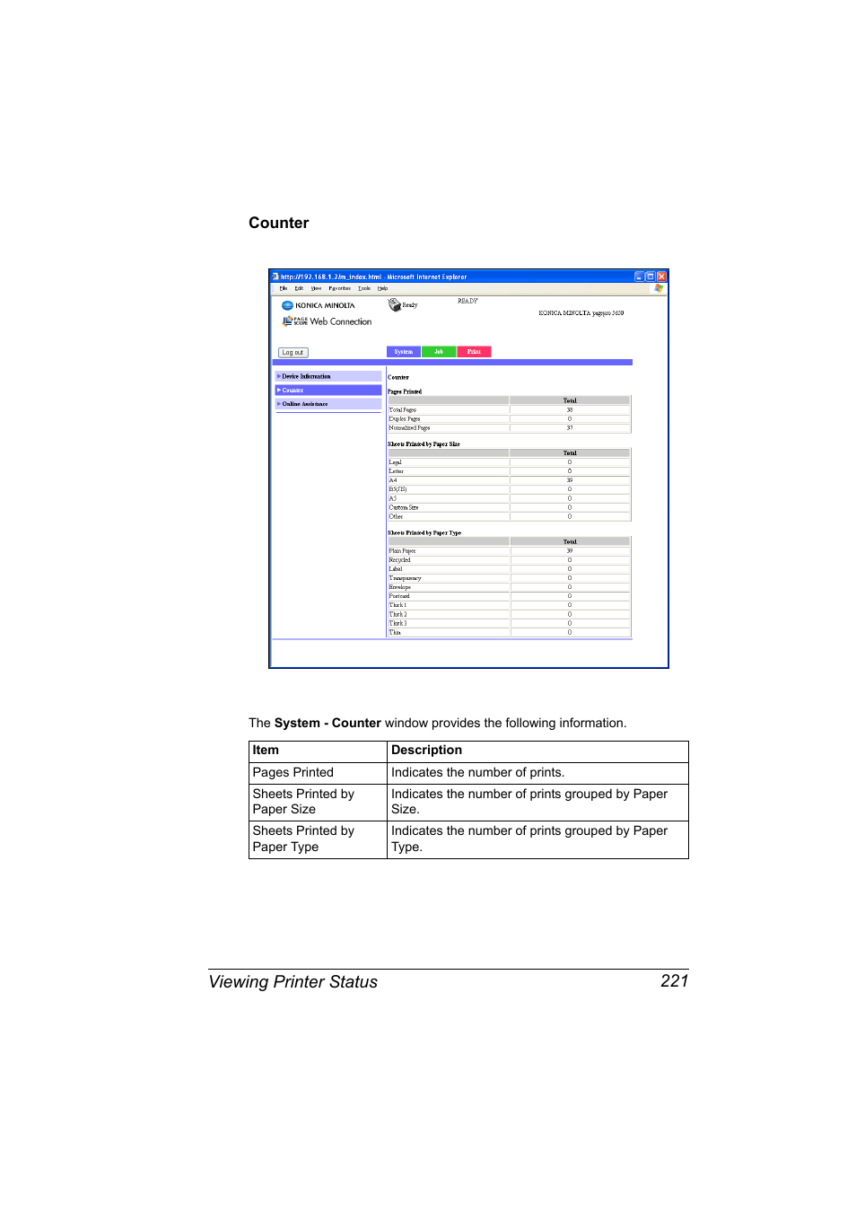 Counter, Counter 221, Viewing printer status 221 | Konica Minolta pagepro 5650 User Manual | Page 239 / 394