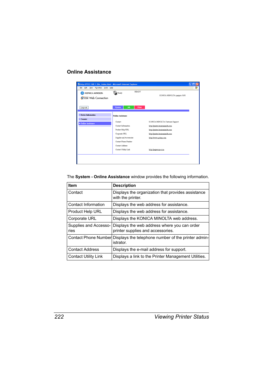 Online assistance, Online assistance 222, Viewing printer status 222 | Konica Minolta pagepro 5650 User Manual | Page 240 / 394