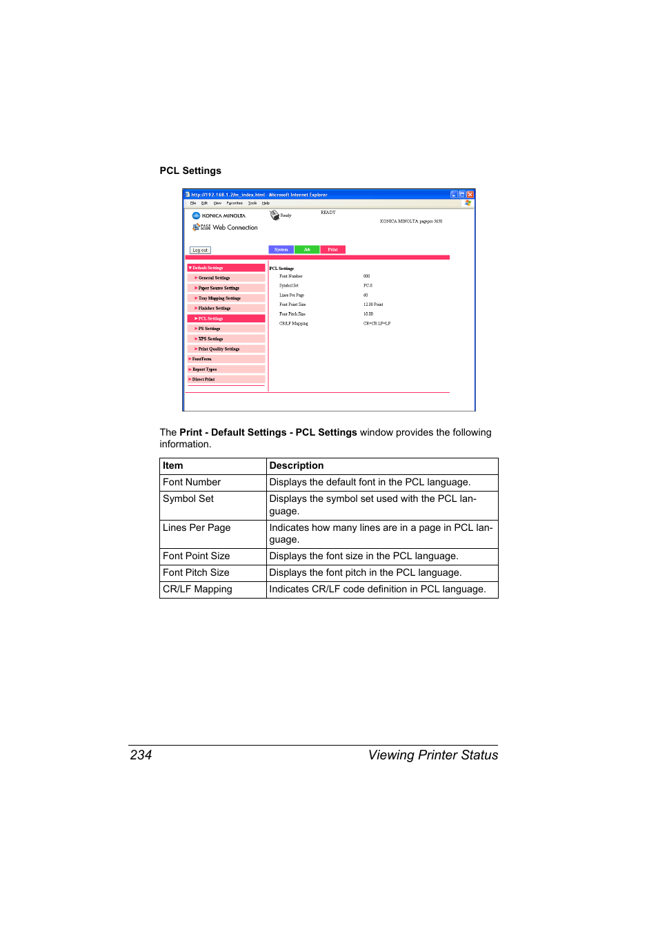 Viewing printer status 234 | Konica Minolta pagepro 5650 User Manual | Page 252 / 394