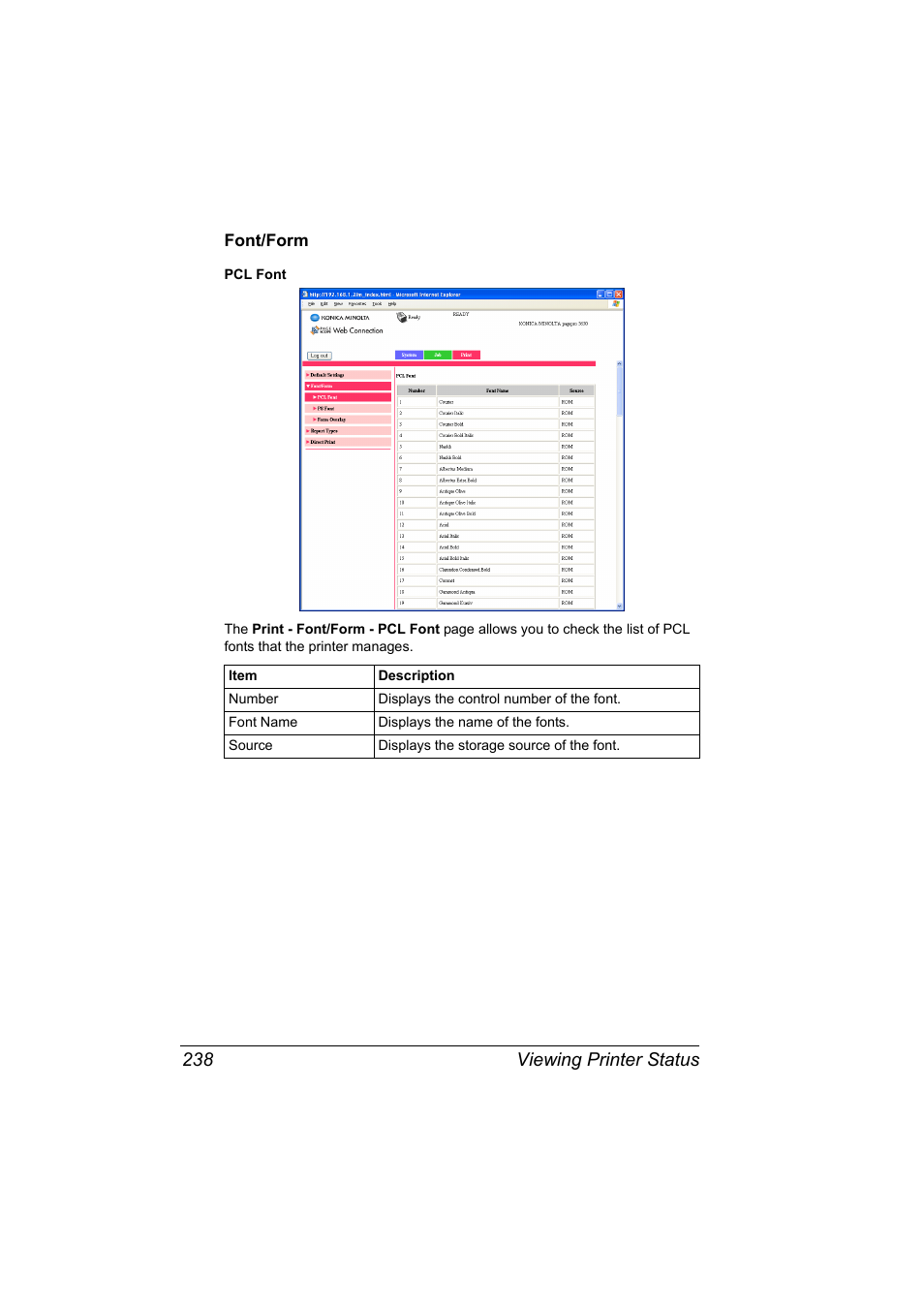 Font/form, Font/form 238, Viewing printer status 238 | Konica Minolta pagepro 5650 User Manual | Page 256 / 394
