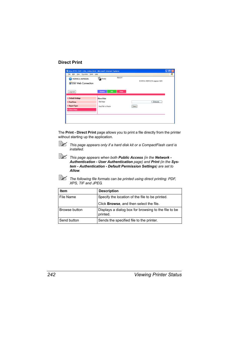 Direct print, Direct print 242 | Konica Minolta pagepro 5650 User Manual | Page 260 / 394