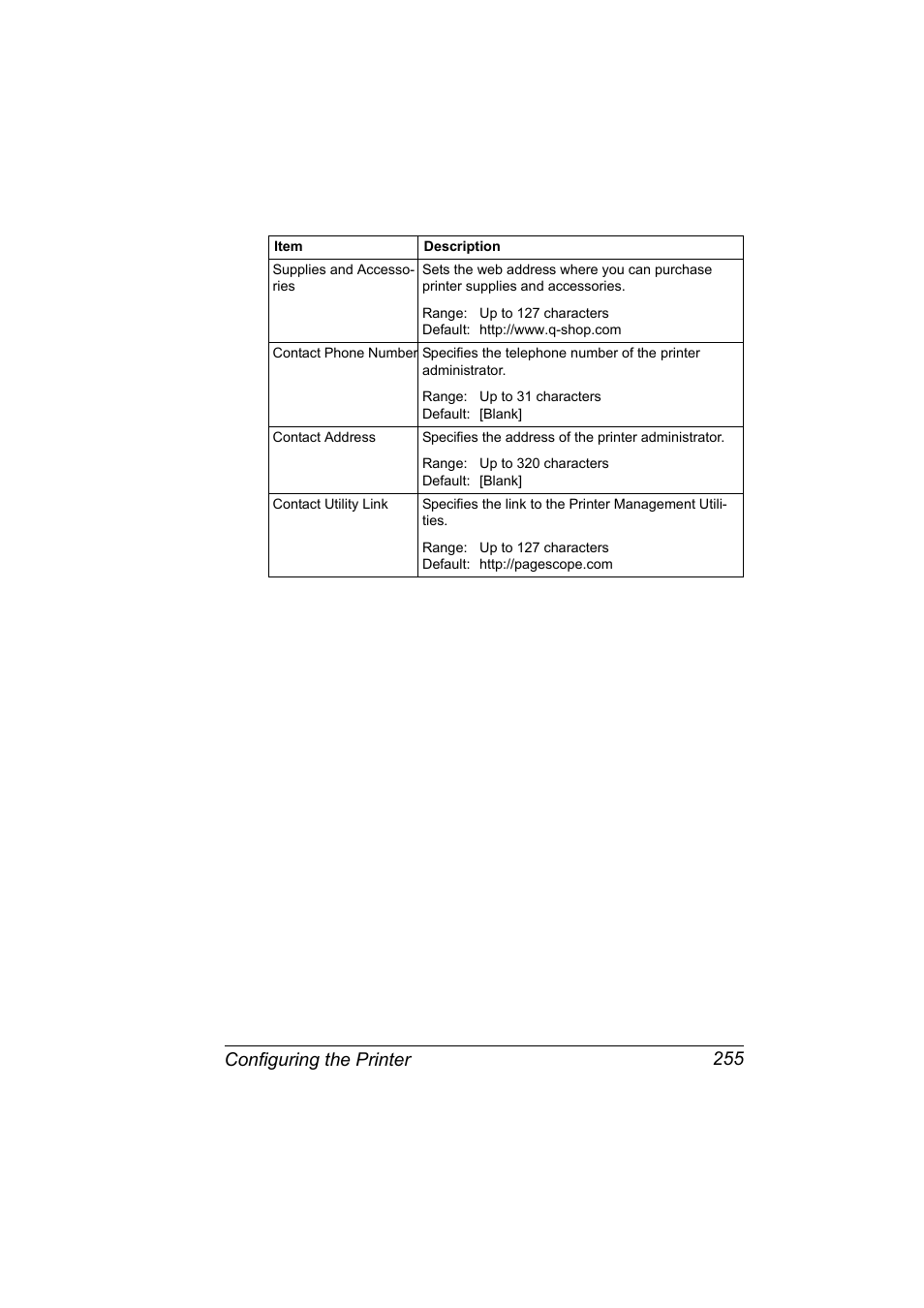 Configuring the printer 255 | Konica Minolta pagepro 5650 User Manual | Page 273 / 394