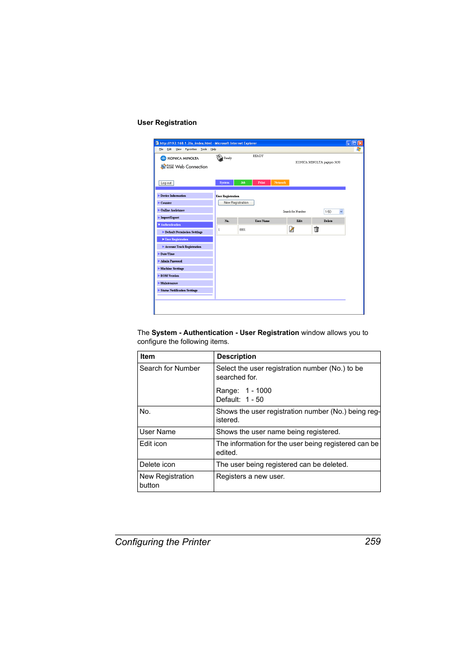 Configuring the printer 259 | Konica Minolta pagepro 5650 User Manual | Page 277 / 394