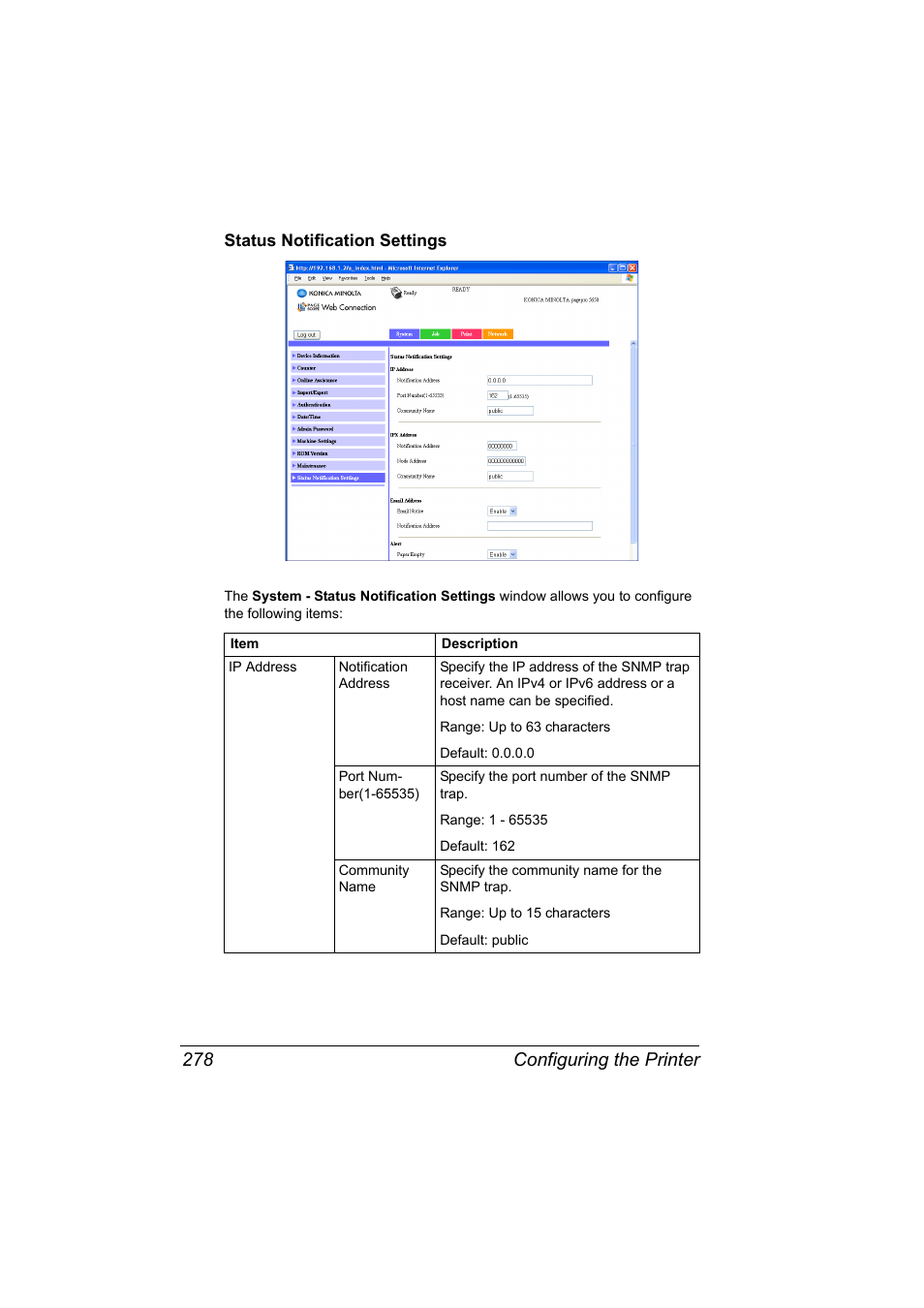 Status notification settings, Status notification settings 278, Configuring the printer 278 | Konica Minolta pagepro 5650 User Manual | Page 296 / 394